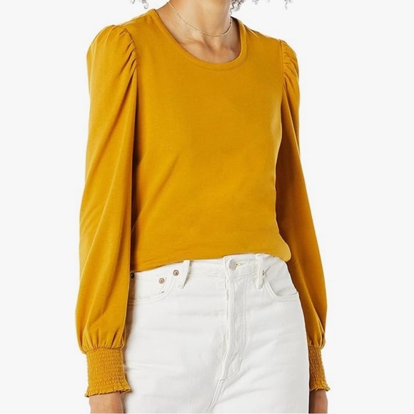 Gold Yellow Long Sleeve Crew Neck Smocked Cuff T-shirt EUC - Picture 2 of 4